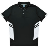 A black polo shirt featuring white accents and a logo. Designed for kids, with a collared neck and button placket.