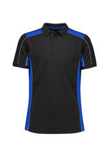 A unisex short sleeve polo shirt in black with blue side panels and a logo. Suitable for casual wear.