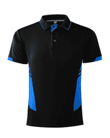 A black polo shirt with blue side panel accents and a collar. The shirt features a logo.