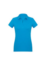 A women's short sleeve polo shirt in a vibrant blue colour, featuring a collar and a logo.