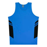 A blue singlet with black side panels and a branding logo on the upper section.