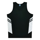 A black singlet with white accents and a logo on the front. It features a sleeveless design.