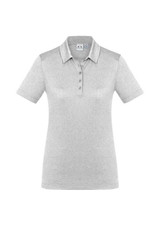 A women's short sleeve polo shirt in light grey, featuring a collar and a logo on the front.