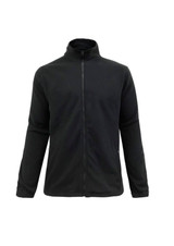 A plain black micro fleece jacket with a zippered front and a high collar, featuring long sleeves and a logo.