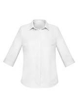 A white women's button-up shirt featuring 3/4 sleeves and a collar, with a logo on the front.
