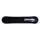 A black and silver plastic pen displayed in a sleek black case. The pen features a simple design.