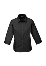 A black women's 3/4 sleeve button-up shirt featuring a collar and a logo.
