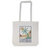 A light-colored tote bag with a graphic design featuring palm trees and mountains, including a logo.