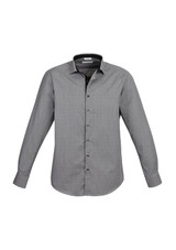 A button-up long sleeve shirt in grey with a subtle pattern and contrasting black collar. It features a logo.
