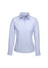 A light blue button-up shirt with long sleeves and a collar, featuring a logo on the front.