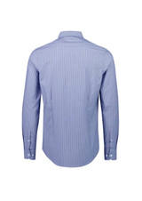 A tailored long sleeve shirt in blue with white stripes, featuring a collared neckline and button cuffs, with branding.