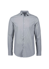 A tailored long sleeve shirt in navy blue with a striped pattern and a logo on the chest.