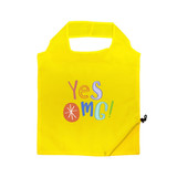 A bright yellow reusable shopping bag with a graphic design and a zippered pouch for storage.