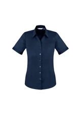 A navy blue women's short sleeve button-up shirt featuring a fitted design and a collar. It has a logo on the chest area.