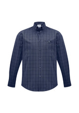 A men's long sleeve button-up shirt featuring a navy and white check pattern, with a chest pocket and a collar.