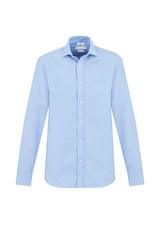 A light blue long sleeve button-up shirt with a chest pocket and a logo.