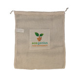 A reusable mesh produce bag in natural color, featuring a logo and a sustainability-themed design.