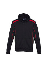 A black hoodie with red accents, featuring a front zip and pockets, and has a logo on the chest.