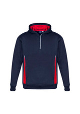 A navy hoodie with red accents and a zippered neck, featuring a hood and a logo.