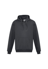 A dark grey men's crew hoodie with a front pocket and a hood, featuring a logo.