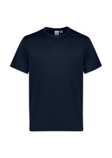 A navy short sleeve tee featuring a simple design and a logo on the tag.