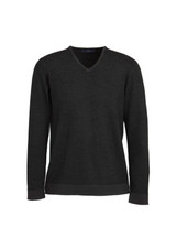 A black men's pullover sweater with a V-neck and long sleeves, featuring ribbed cuffs and hem, and a logo.