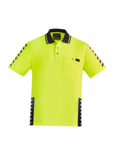 A bright yellow short sleeve polo shirt with black accents and stripes, featuring a pocket and logo.