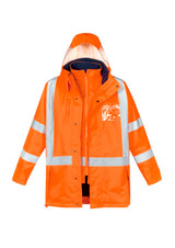 An orange waterproof jacket featuring reflective stripes, a hood, and a logo on the front. It has a layered design.