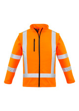 An orange softshell jacket with reflective stripes and a zippered pocket, featuring a logo on the upper left.