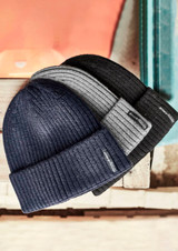 A collection of three Unisex Streetworx beanies in navy, grey, and black, featuring a logo on the band.