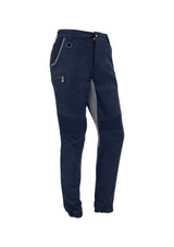 A pair of men's navy stretch pants with cuffed ankles, featuring zippered pockets and a logo.