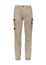 Cuffed work pants in a light khaki colour, featuring side pockets and a logo. Ideal for outdoor and work settings.