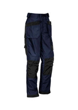 A pair of navy blue and black multi-pocket work pants with various pockets and adjustable waist features.