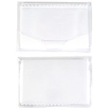 A white microfibre lens cleaning cloth packaged in a clear protective case. The cloth is folded within.
