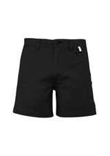 A pair of black men's shorts featuring a belt loop and a side pocket, with a logo detail.