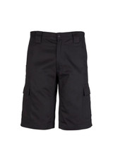 A pair of black midweight drill cargo shorts featuring side pockets and a front button closure.