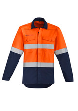 Men's hi-vis shirt featuring an orange body with navy sleeves and hoop-taped reflective strips. Includes two front pockets and branding.
