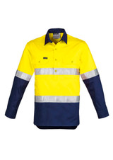 A long sleeve work shirt in high visibility yellow and navy, featuring reflective hoop tape and a logo.