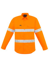 A long sleeve shirt in bright orange with reflective hoop tape and a logo on the chest.