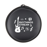 A round black case featuring a guitar design and music-themed graphics, including a logo and various symbols.