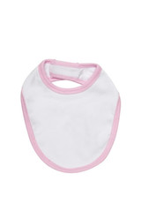 A white baby bib with pink trim and an adjustable neck opening, featuring a logo.