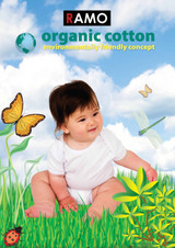 A baby in a white romper sits in a grassy area with butterflies and a dragonfly against a blue sky.