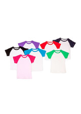 A collection of babies' raglan T-shirts in various colours, featuring white bodies with colourful sleeves. Each shirt has contrasting sleeves.