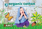 A child wearing blue baby pants and a blue hooded top, surrounded by cotton plants, butterflies, and greenery.