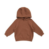 A brown kangaroo pocket hoodie for babies, featuring a spacious hood and long sleeves, with a logo on it.
