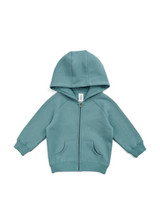 A teal kangaroo zip pocket hoodie for babies, featuring a hood and long sleeves. It has a logo on the fabric.