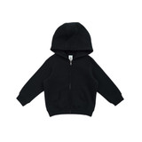 A black kangaroo zip pocket hoodie with a hood and front pouch pocket, featuring a logo on the label.