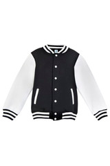 A black and white varsity jacket featuring a button-up front and striped cuffs. It has a logo on the chest.