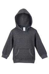 A dark grey hoodie with a kangaroo pocket and a hood. It includes a label and features long sleeves.