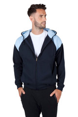 A black and red men's shoulder contrast zip hoodie worn by a man and a woman, both smiling. The hoodie has a logo.